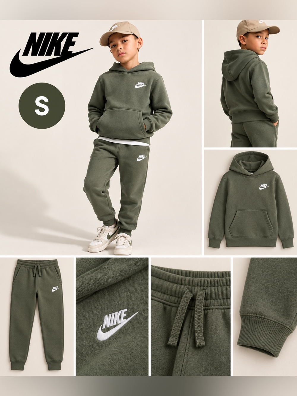 Nike Kids Olive Fleece Joggers with White Swoosh
